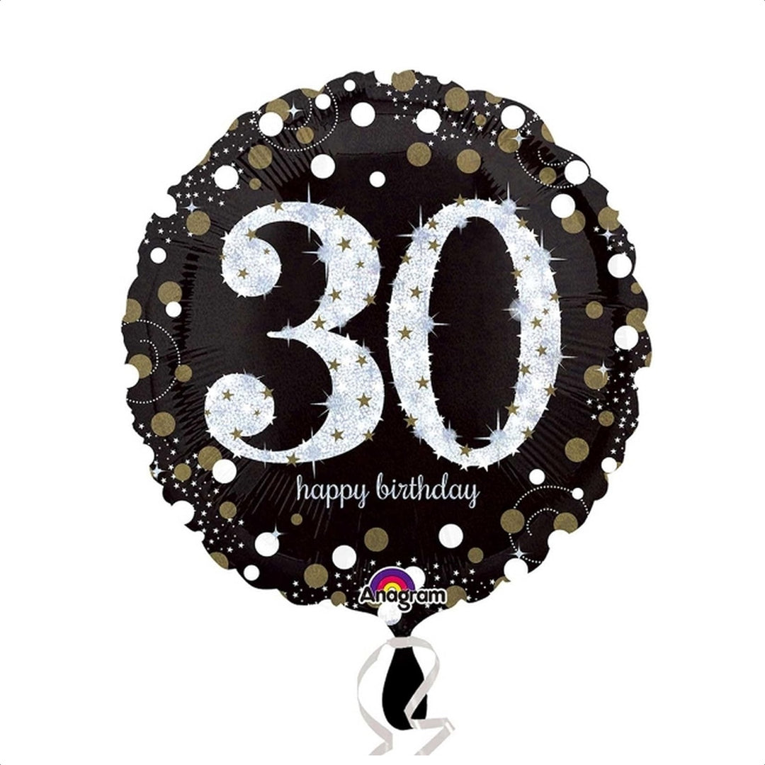 Geburtstagsballon Zahl 30 rund – Folienballon 43 cm schwarz-gold-silber