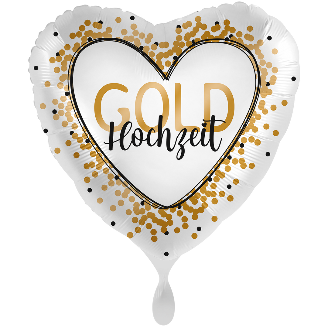 Goldhochzeit Herzballon 43 cm – edler Folienballon in Weiß mit goldenen Punkten