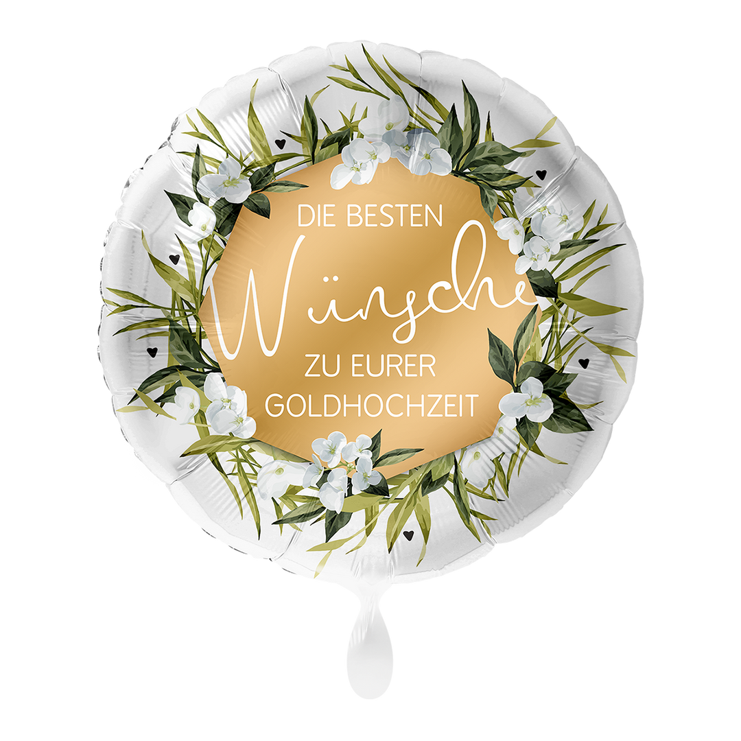 Goldhochzeitsballon „Die besten Wünsche zur Goldhochzeit“ – runder Folienballon 43 cm mit Blumenkranz bei HeyBalloon Viersen nahe Mönchengladbach, Krefeld, Düsseldorf