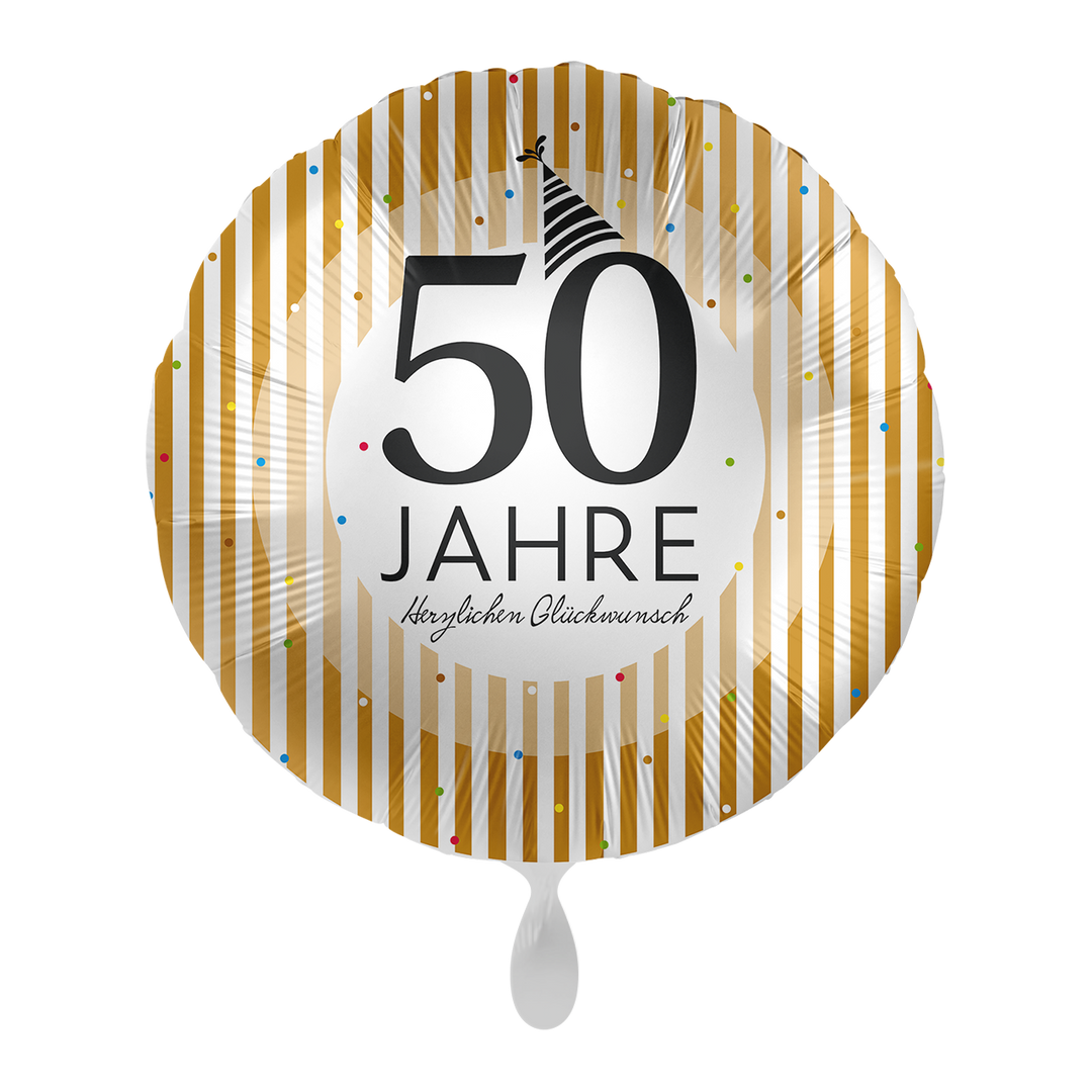 Goldhochzeit Ballon rund 43 cm – weiß-goldener Folienballon mit Aufschrift „50 Jahre – Herzlichen Glückwunsch“