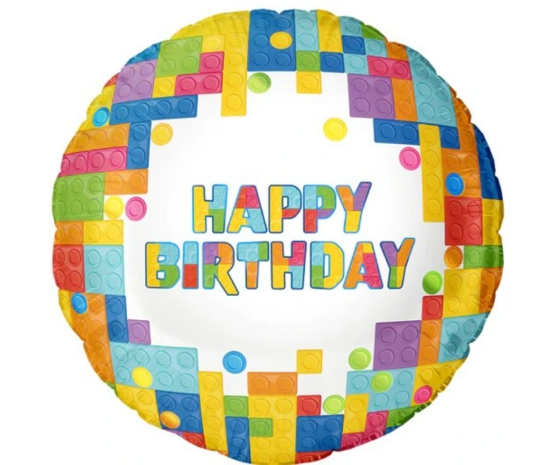 Runder Happy Birthday Ballon im bunten Baustein-Design, 43 cm