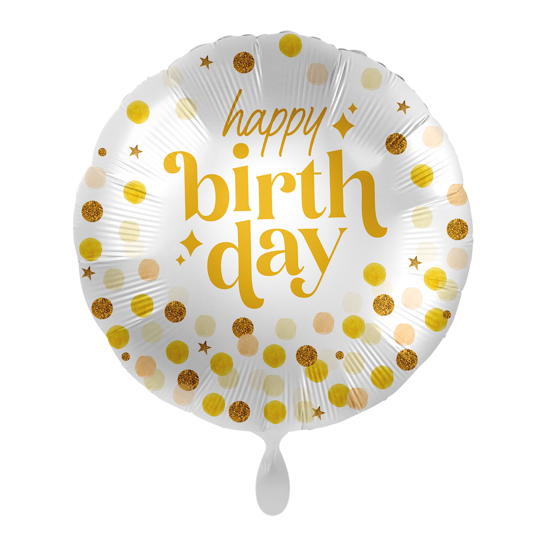 Happy Birthday Folienballon 43 cm – Weiß mit goldenen Punkten