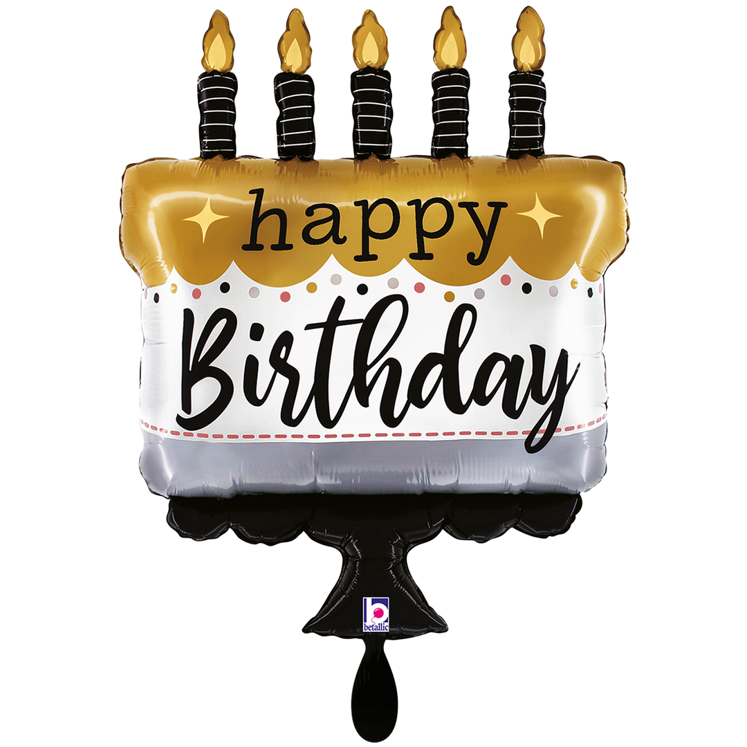 Happy Birthday Folienballon mit 5 Kerzen die leuchten und dem Wort Happy Birthday in gold, weiß schwarz und silber. 