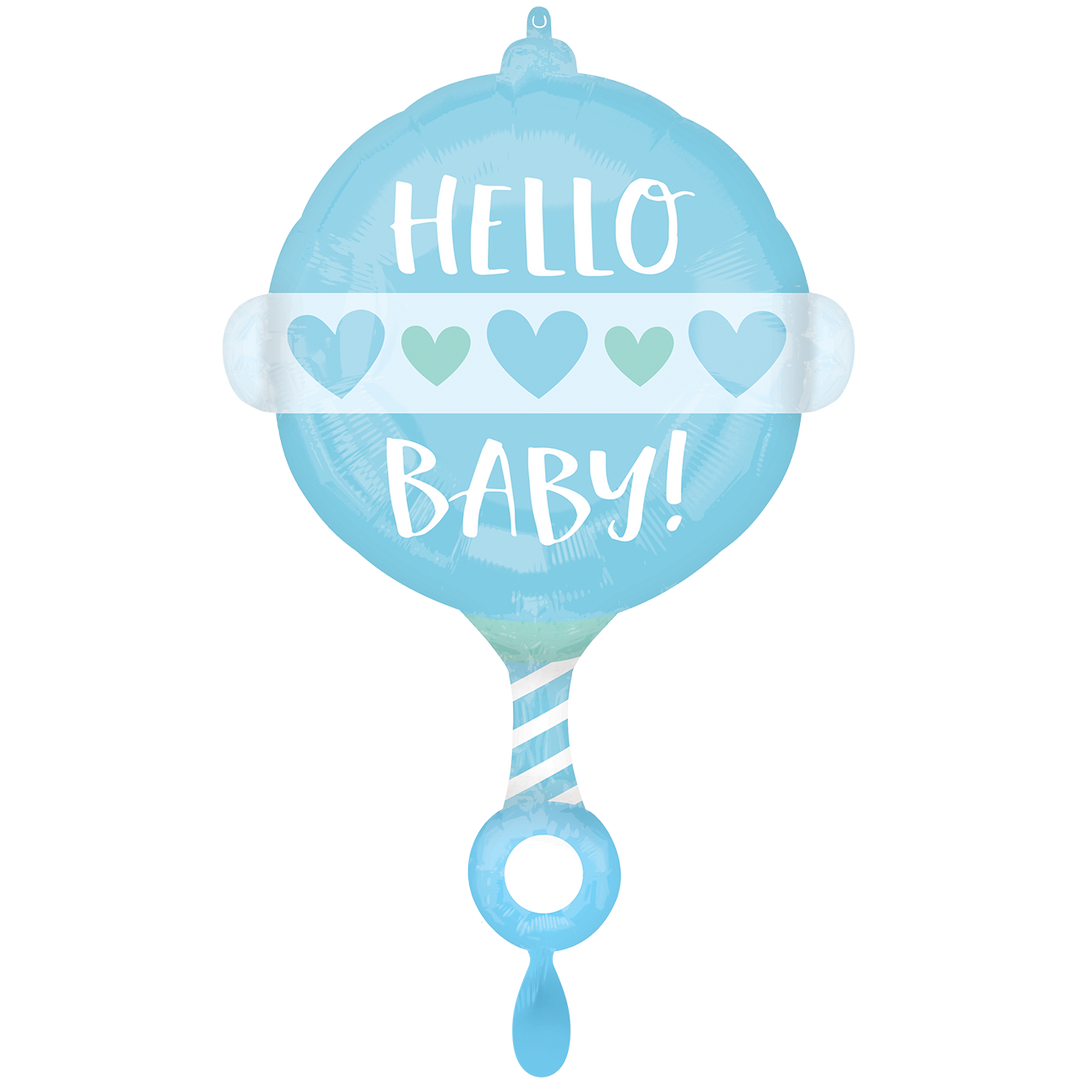Blauer Hello Baby Folienballon 43 × 60 cm – Rassel-Form mit Herzen