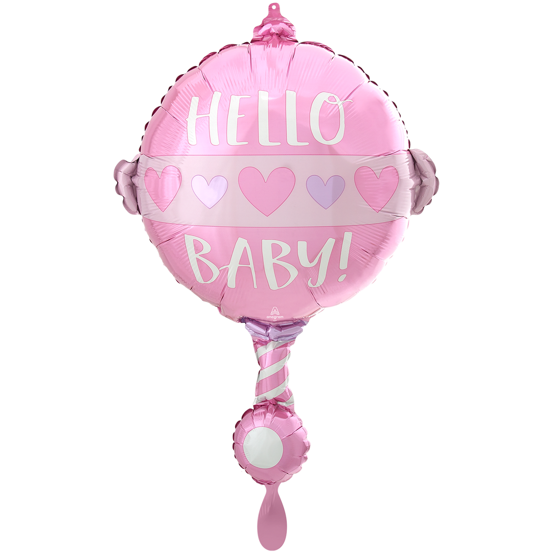 Rosa Hello Baby Folienballon 43 × 60 cm – Rassel-Form mit Herzen