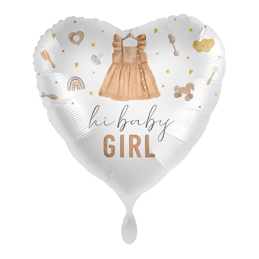 Herzballon 71 cm in Weiß mit Kleidchen und Rosa-Details – Aufschrift „Hi Baby Girl“
