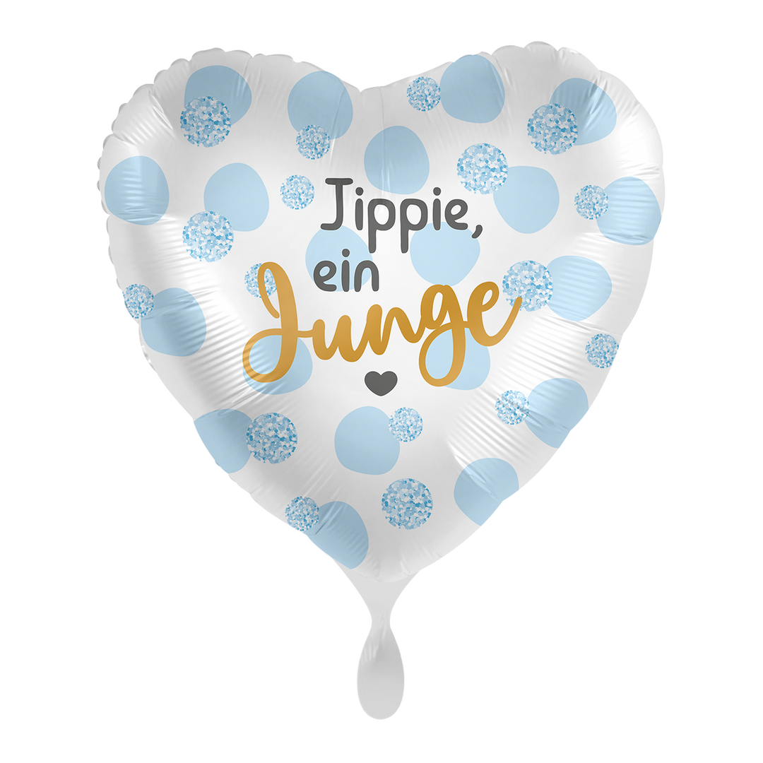 Herzballon 43 cm in Weiß und Hellblau mit Aufschrift „Jippie, ein Junge“ und Punkten