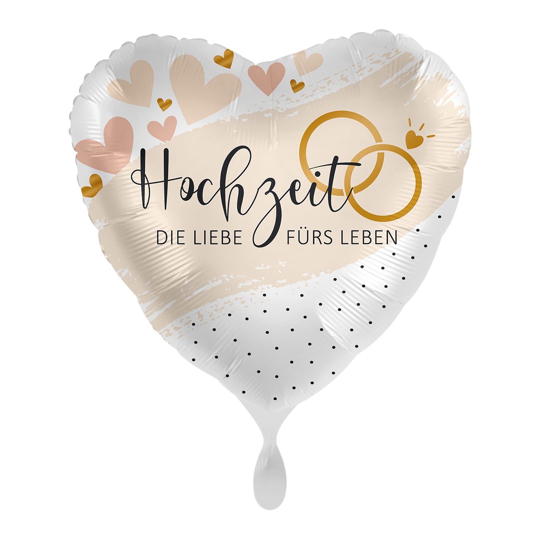 Herzballon Hochzeit – Die Liebe fürs Leben mit goldenen Ringen & Herz-Motiv, 43 cm Folienballon, HeyBalloon Viersen.