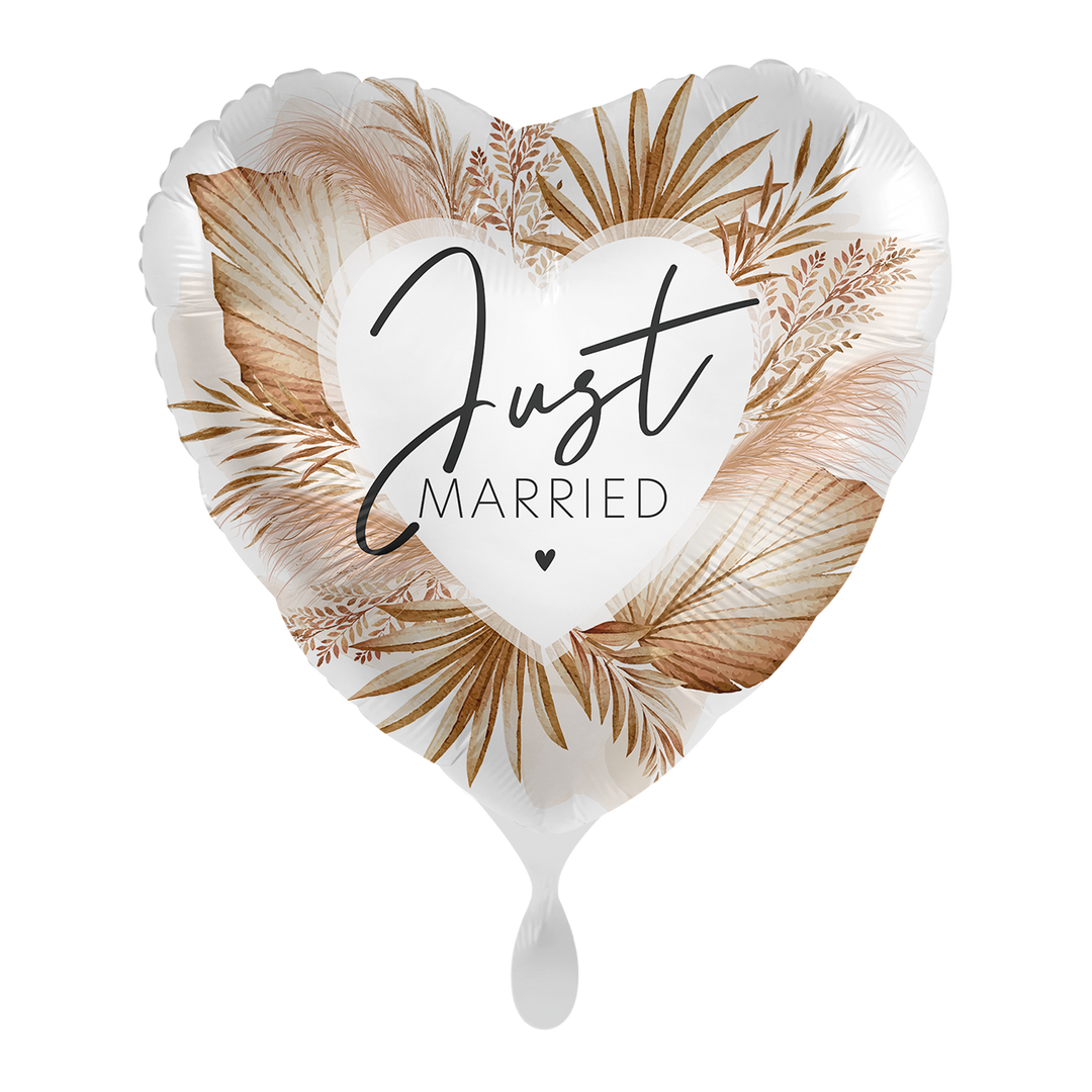 Herzballon „Just Married“ im Boho-Stil mit Trockenblumen- und Pampasgras-Design, 43 cm – romantischer Folienballon für Hochzeiten, HeyBalloon Viersen.