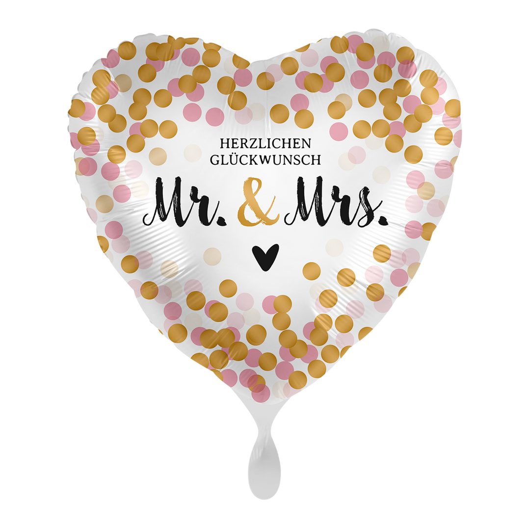 Herzballon „Mr. & Mrs.“ mit goldenem & roséfarbenem Konfetti, 43 cm – Folienballon zur Hochzeit, HeyBalloon Viersen.