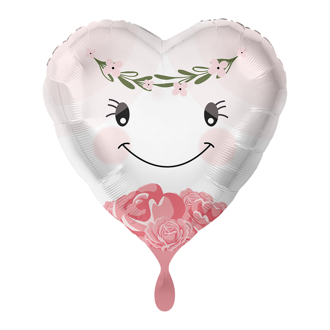 Herz-Folienballon mit Smiley-Gesicht & Blumenkranz in Rosa-Weiß, ca. 43 cm – erhältlich bei HeyBalloon Viersen
