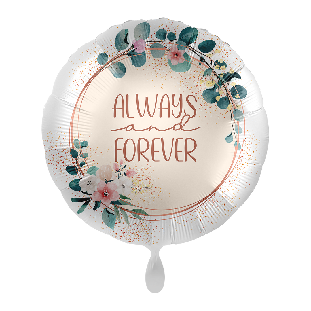 Hochzeitsballon „Always and Forever“ – runder Folienballon 43 cm mit floralem Eukalyptus-Design bei HeyBalloon Viersen nahe Mönchengladbach, Krefeld, Düsseldorf