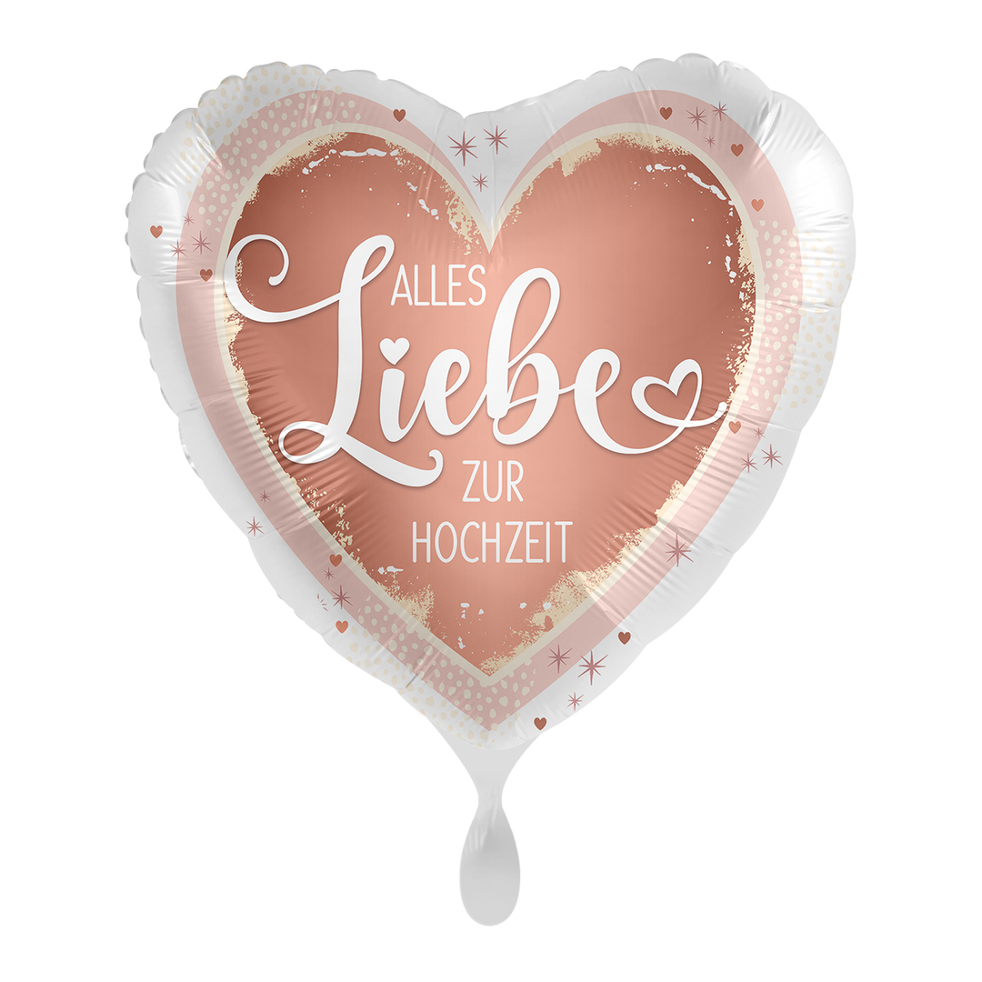 Herzförmiger Hochzeitsballon 43cm in Roségold & Silber mit Aufdruck „Alles Liebe zur Hochzeit“ – HeyBalloon Viersen