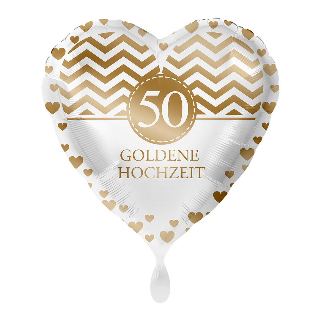 Herz-Folienballon „50 Goldene Hochzeit“ in Weiß-Gold, ca. 43 cm, ideal für Jubiläen & Feierlichkeiten – erhältlich bei HeyBalloon Viersen.