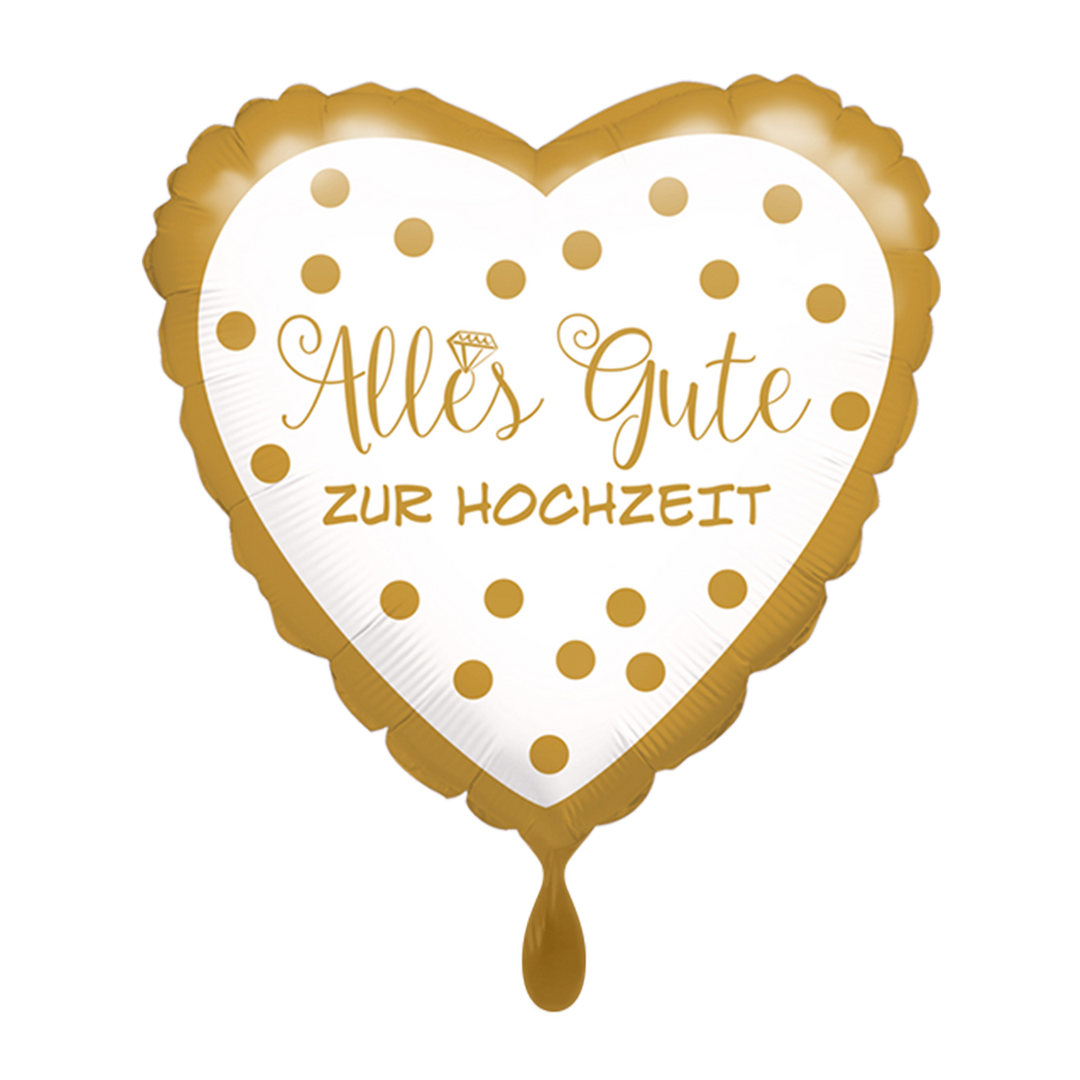 Hochzeitsballon Herz „Alles Gute zur Hochzeit“ – Folienballon 43 cm in Gold-Weiß bei HeyBalloon Viersen nahe Mönchengladbach, Krefeld, Düsseldorf
