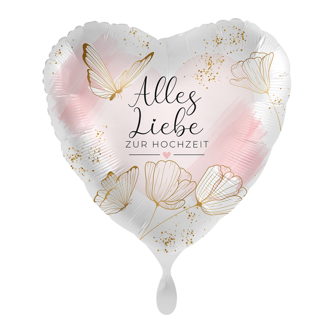 Herzballon „Alles Liebe zur Hochzeit“ mit Schmetterlingen und goldenen Blüten – eleganter Folienballon 43 cm für Hochzeitsdeko oder Geschenk