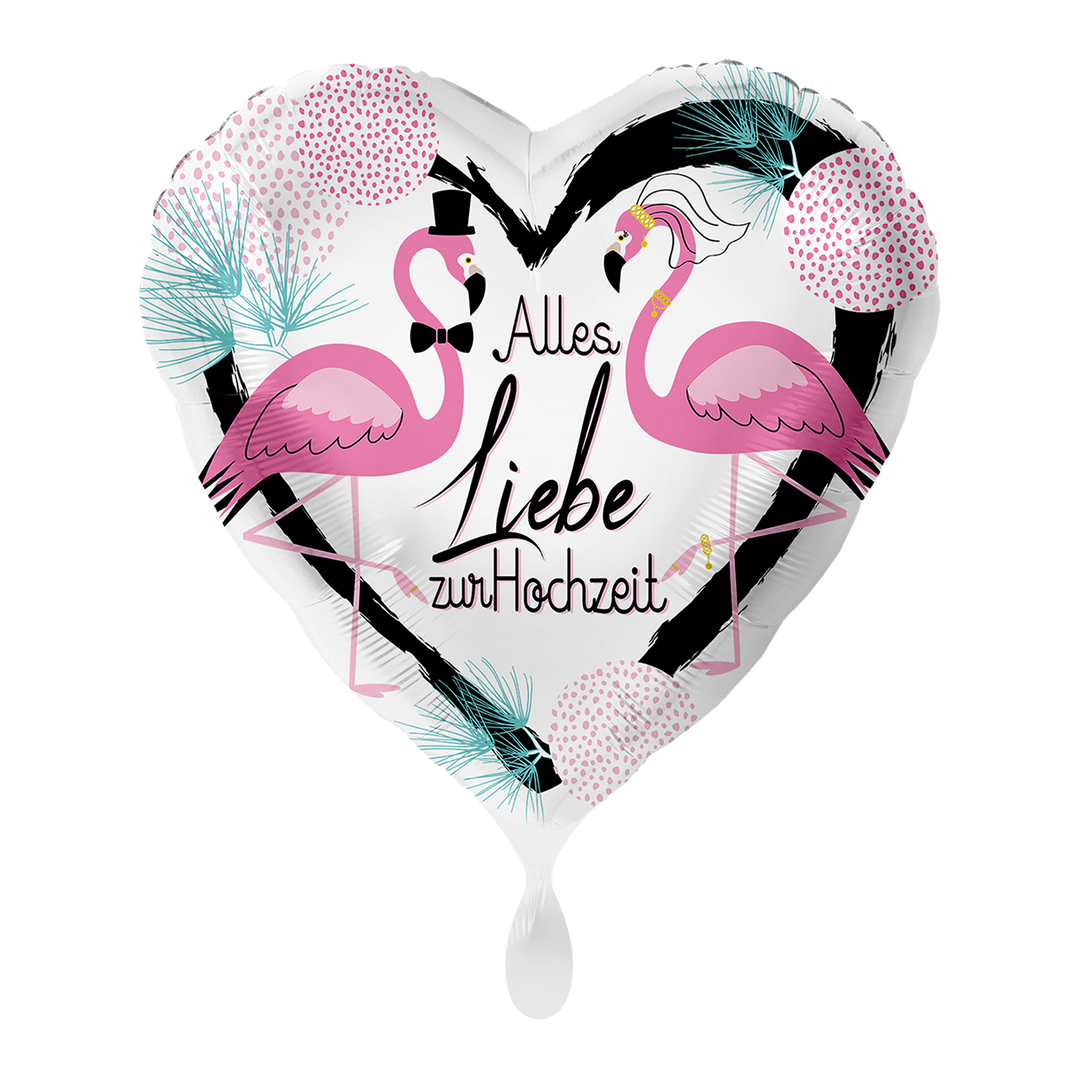 Herz-Folienballon „Alles Liebe zur Hochzeit“ mit Flamingo-Motiv in Rosa, Weiß und Schwarz, 43 cm – romantischer Hochzeitsballon von HeyBalloon Viersen