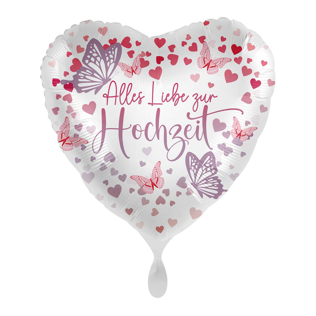 Herz-Folienballon „Alles Liebe zur Hochzeit“ mit Schmetterlingen & Herzen, ca. 43 cm – romantische Deko, erhältlich bei HeyBalloon Viersen