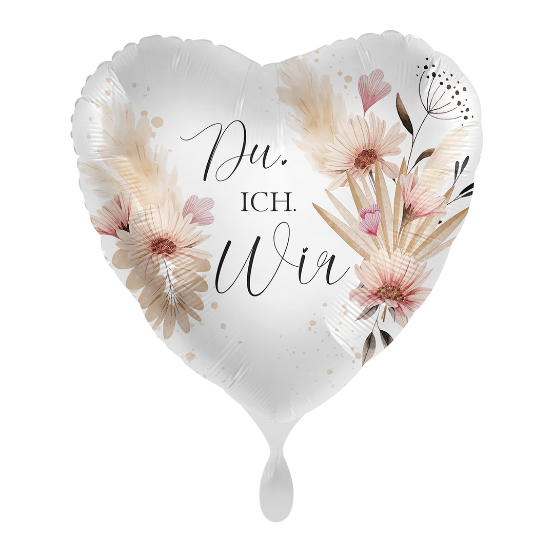 Hochzeitsballon Herz „Du. Ich. Wir.“ – romantischer Folienballon 43 cm mit Blumenmotiv bei HeyBalloon Viersen nahe Mönchengladbach, Krefeld, Düsseldorf