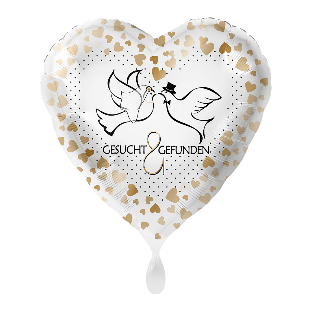 Hochzeitsballon Herz „Gesucht & Gefunden“ mit Tauben, 43 cm – romantische Hochzeitsdeko von HeyBalloon Viersen