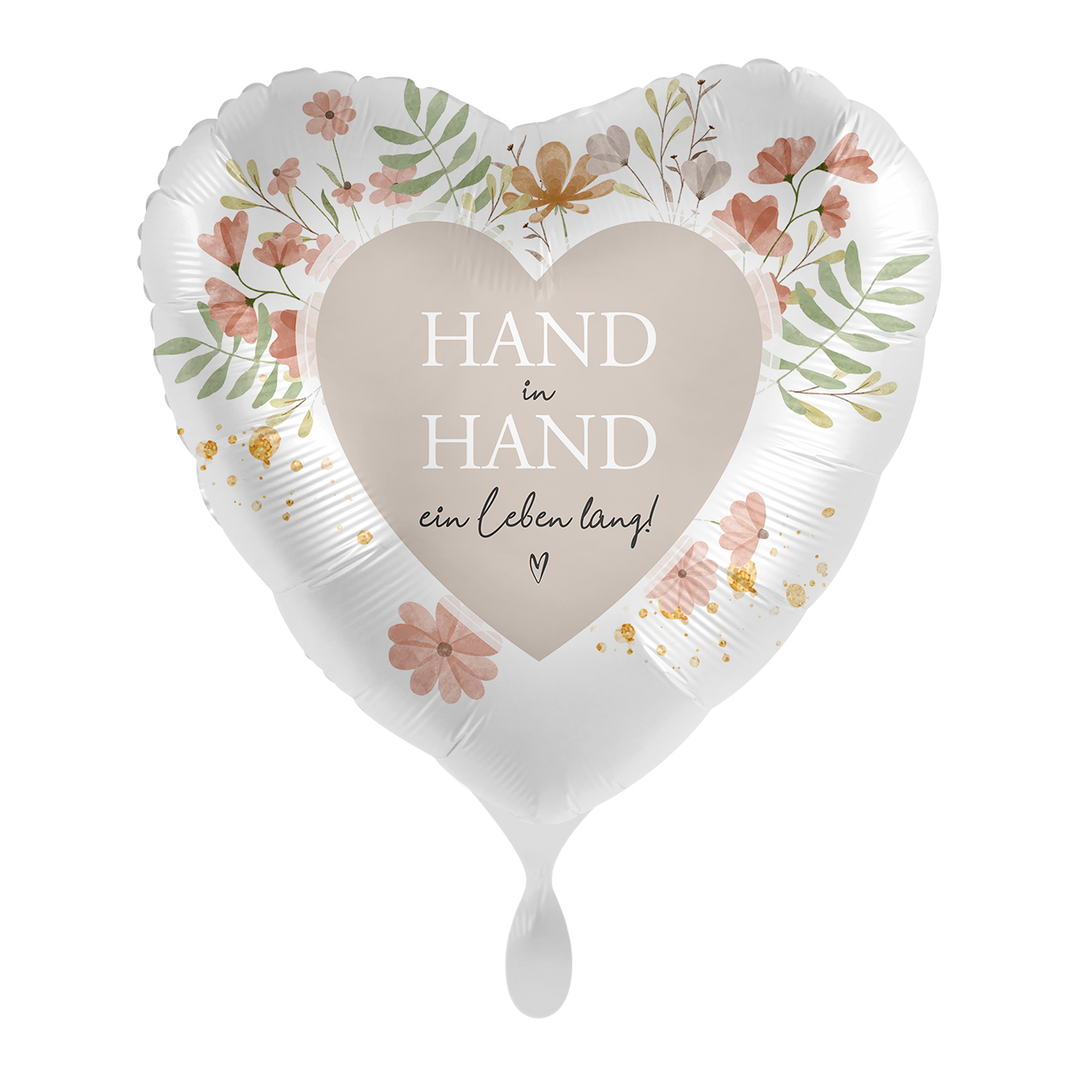 Herz-Folienballon „Hand in Hand – ein Leben lang“ mit floralen Elementen, ca. 43 cm, romantische Hochzeitsdeko – erhältlich bei HeyBalloon Viersen.