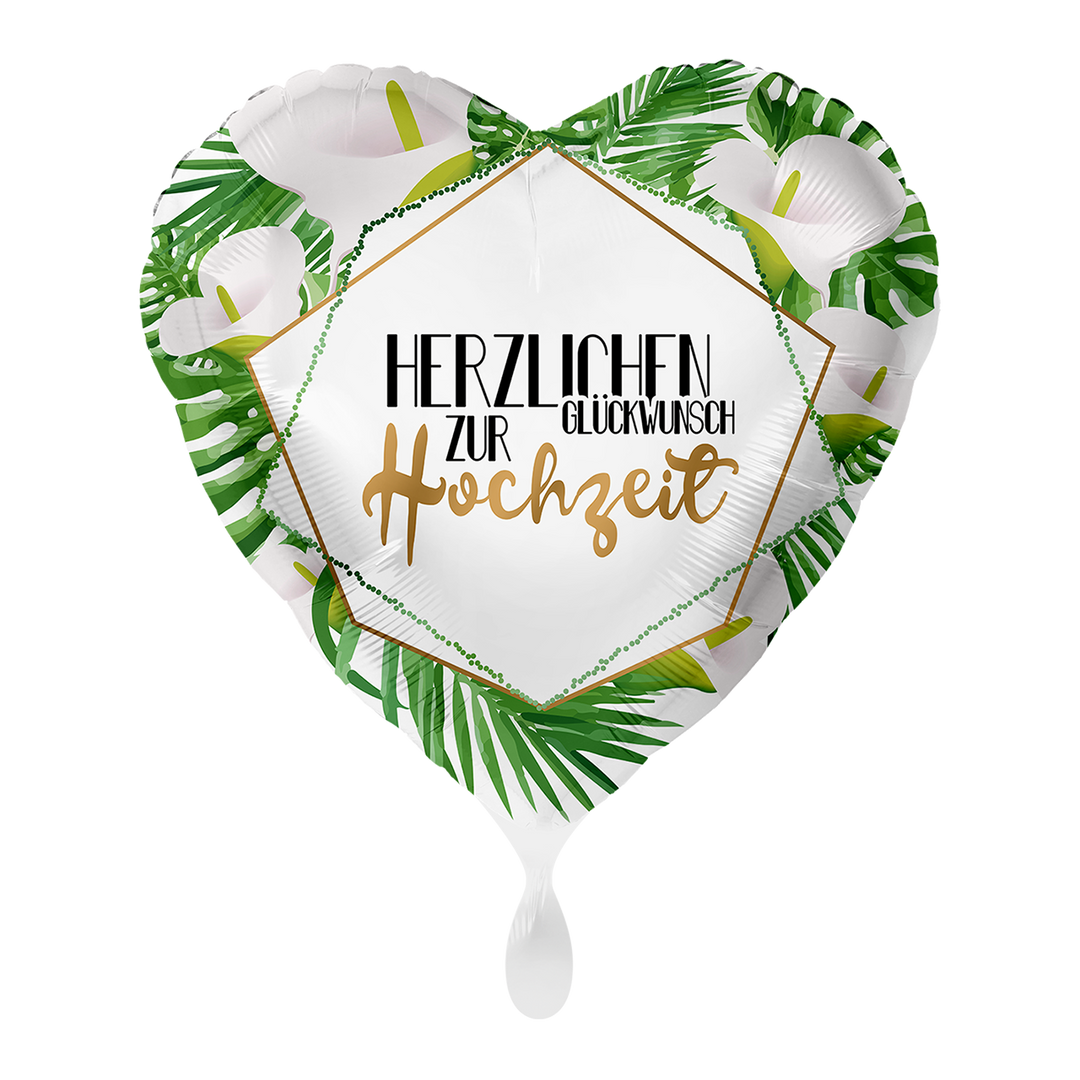 Hochzeitsballon Herz „Herzlichen Glückwunsch zur Hochzeit“ – Folienballon 43 cm mit Blätter- und Blütendesign bei HeyBalloon Viersen nahe Mönchengladbach, Krefeld, Düsseldorf