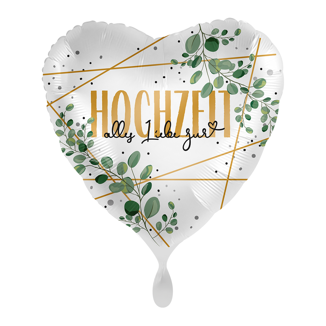 Herz-Folienballon „Hochzeit – Alles Liebe“ mit goldenen Akzenten und grünem Blattmotiv, ca. 43 cm – erhältlich bei HeyBalloon Viersen