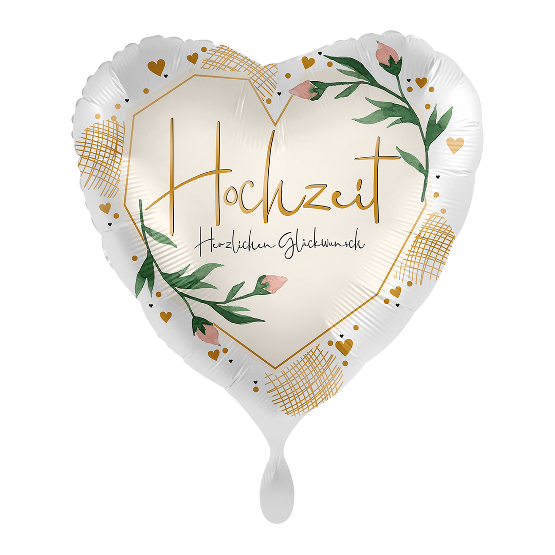 Herz-Folienballon „Hochzeit – Herzlichen Glückwunsch“ mit goldenen Details und grünem Blätterdesign, ca. 43 cm – erhältlich bei HeyBalloon Viersen