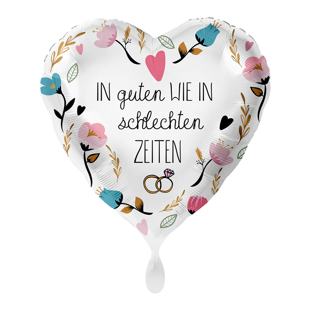 Hochzeitsballon Herz „In guten wie in schlechten Zeiten“ mit floralen Motiven, Folienballon 43 cm bei HeyBalloon Viersen nahe Mönchengladbach, Krefeld, Düsseldorf