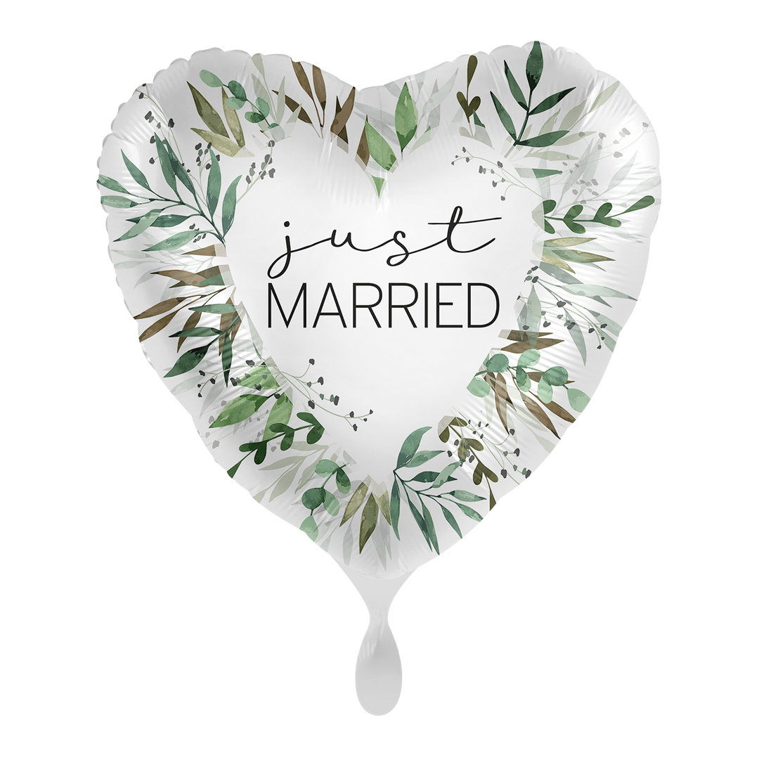 Herz-Folienballon „Just Married“ mit floralem Design in Grün- und Weißtönen, ca. 43 cm – perfekt für Hochzeiten, erhältlich bei HeyBalloon Viersen.