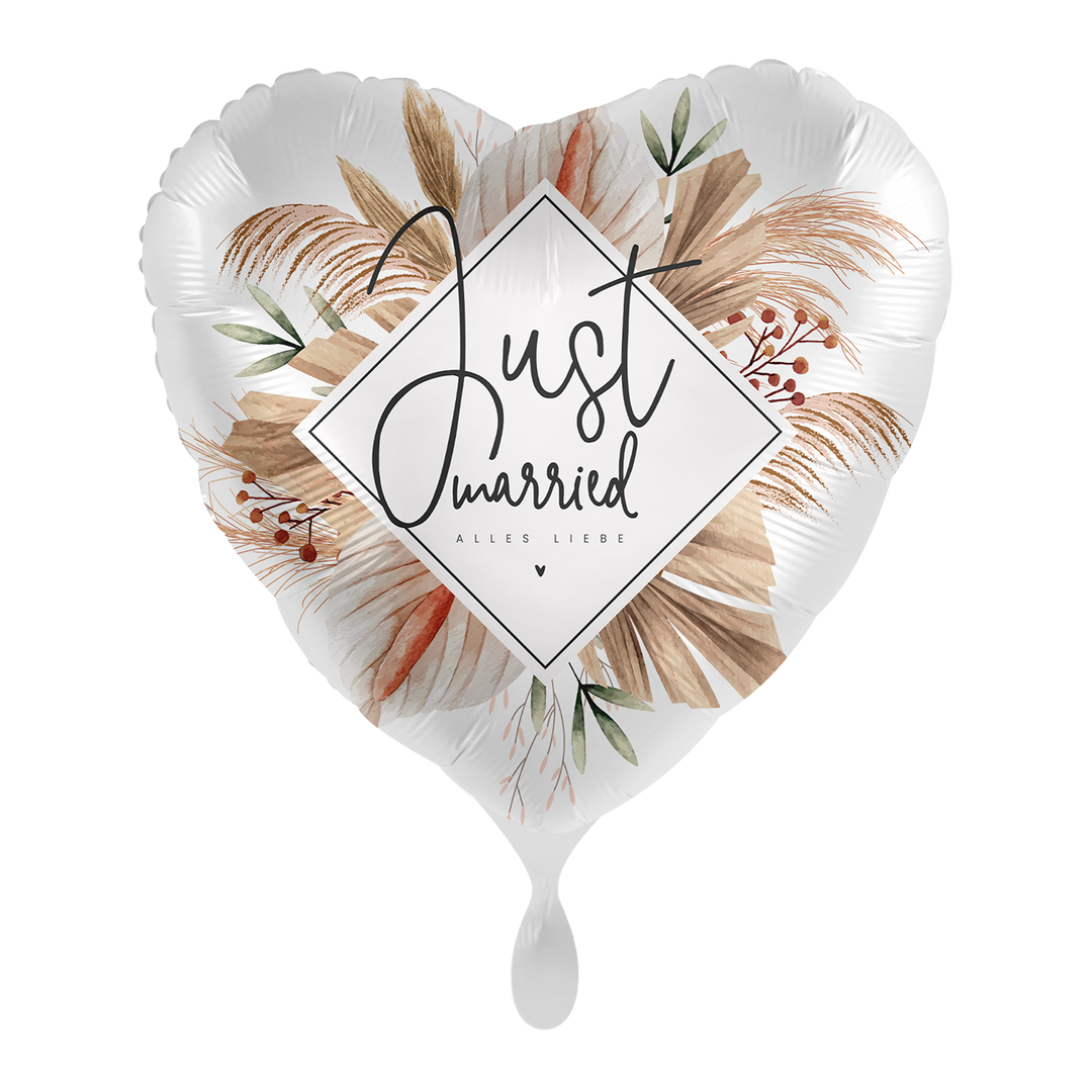 Herz-Folienballon „Just Married – Alles Liebe“ in romantischem Design, ca. 43 cm, perfekt für Hochzeit & Feierlichkeiten – erhältlich bei HeyBalloon Viersen.