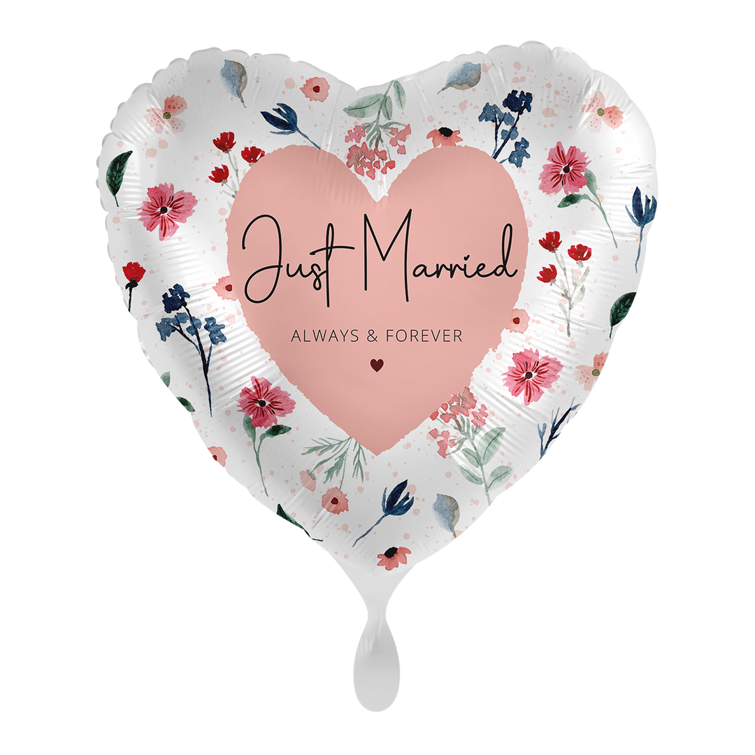 Hochzeitsballon Herz „Just Married – Always & Forever“ – Folienballon, 43 cm mit Blumenranke und leichtem Rosa
