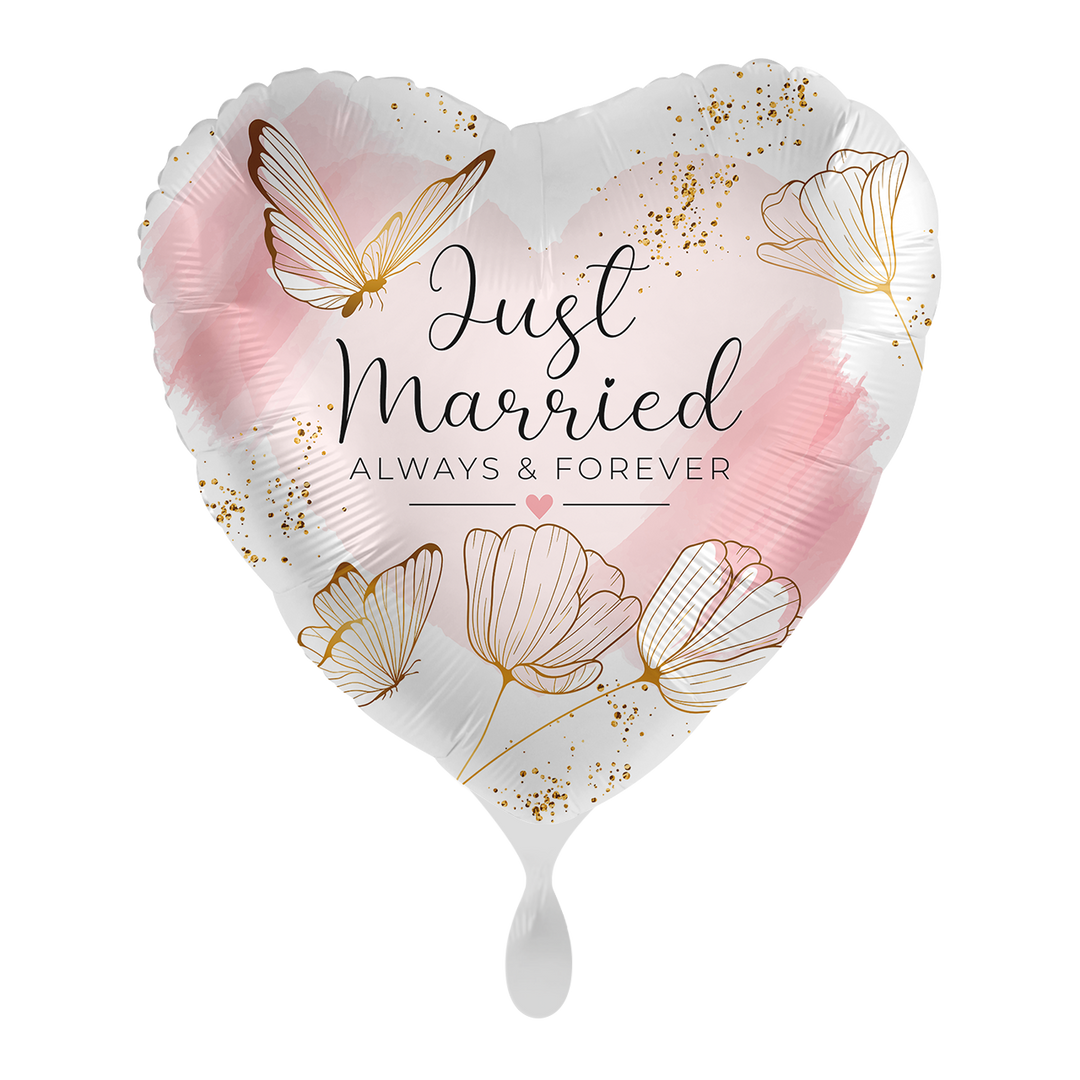 Herzballon „Just Married – Always & Forever“ mit Schmetterlingen & Blumen, romantischer Folienballon 43 cm zur Hochzeit, HeyBalloon Viersen.