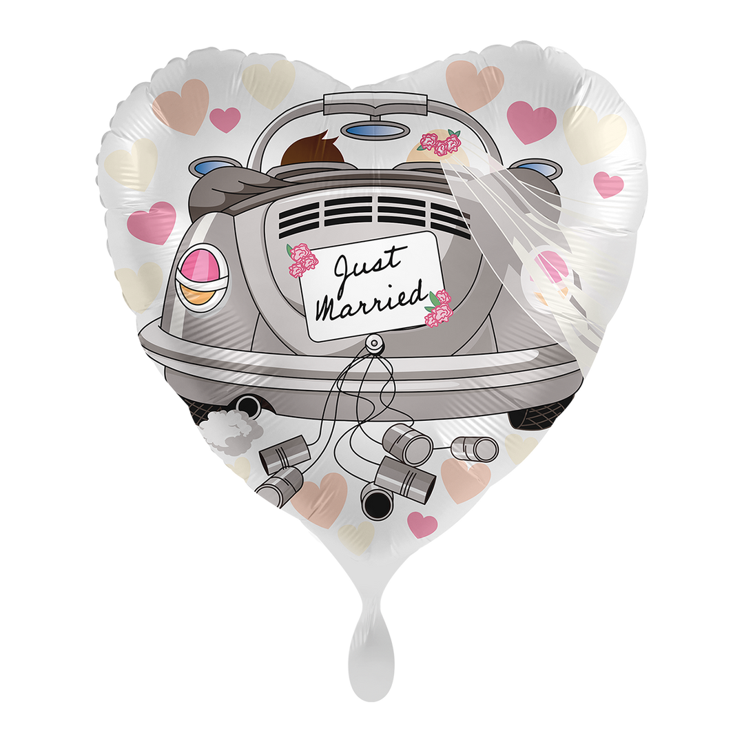 Herz-Folienballon „Just Married“ mit Auto-Motiv, ca. 43 cm, dekorativer Hochzeitsballon – erhältlich bei HeyBalloon Viersen.
