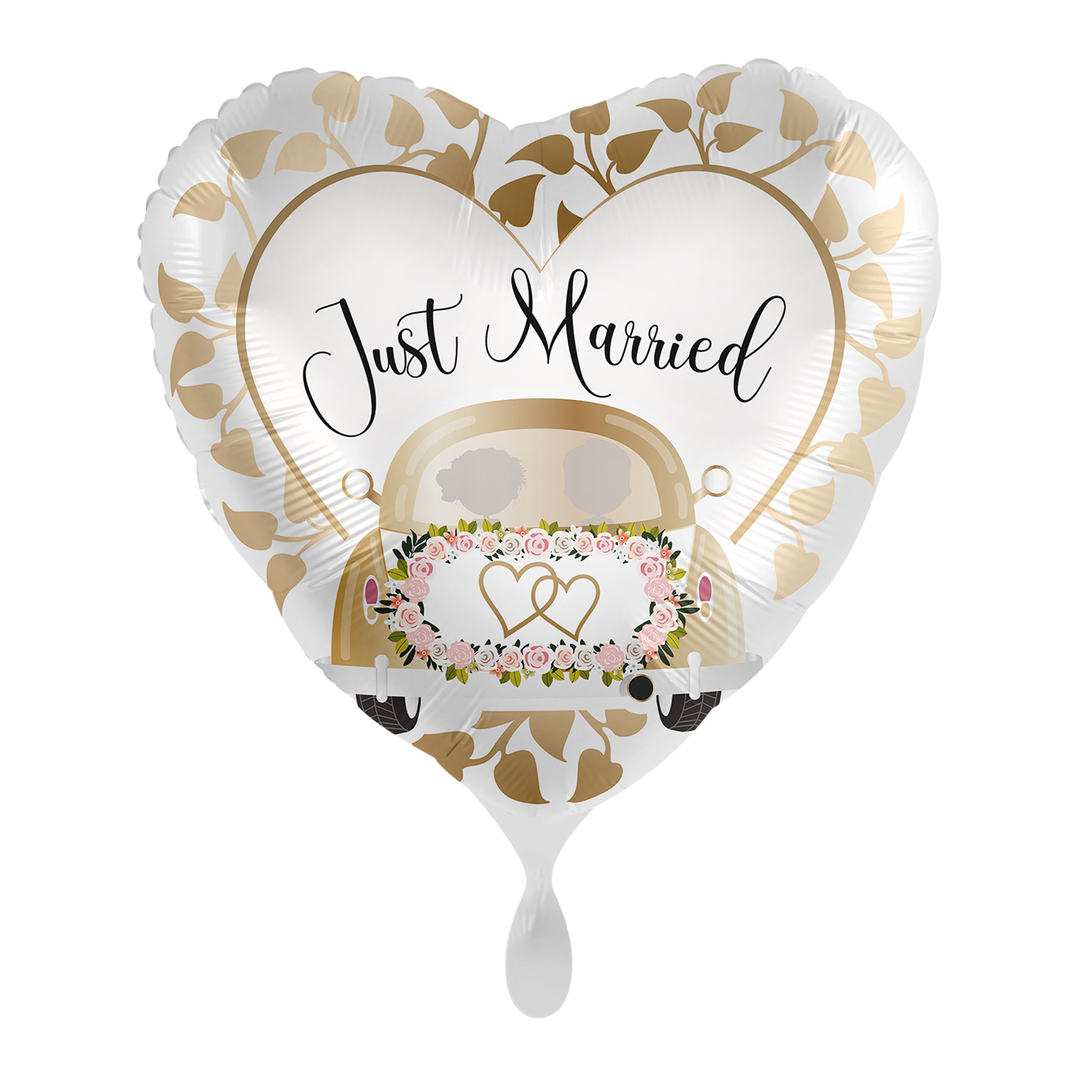 Herz-Folienballon „Just Married“ mit Auto-Motiv in Weiß-Gold, ca. 43 cm – erhältlich bei HeyBalloon Viersen