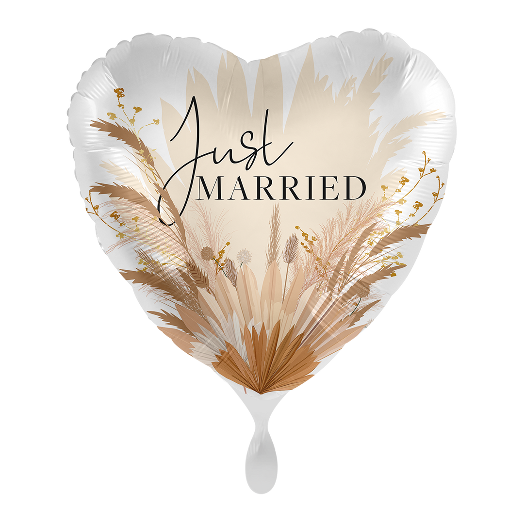 Herzballon „Just Married“ im Boho-Stil, ca. 43 cm, elegante Hochzeitsdeko & Geschenkidee – erhältlich bei HeyBalloon Viersen.