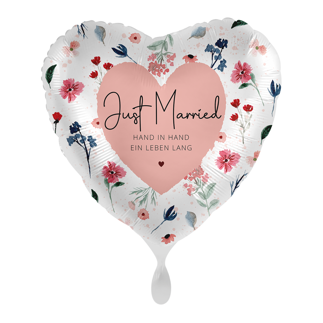 Hochzeitsballon Herz „Just Married – Hand in Hand ein Leben lang“ mit Blumen-Design, Folienballon 43 cm bei HeyBalloon Viersen nahe Mönchengladbach, Krefeld, Düsseldorf