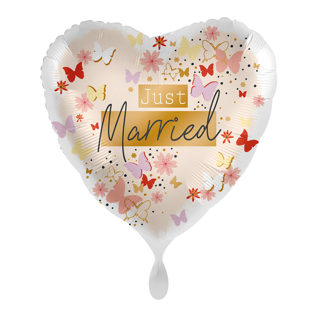 Herz-Folienballon „Just Married“ mit bunten Schmetterlingen & Blüten, ca. 43 cm, perfekt für Hochzeiten – erhältlich bei HeyBalloon Viersen.