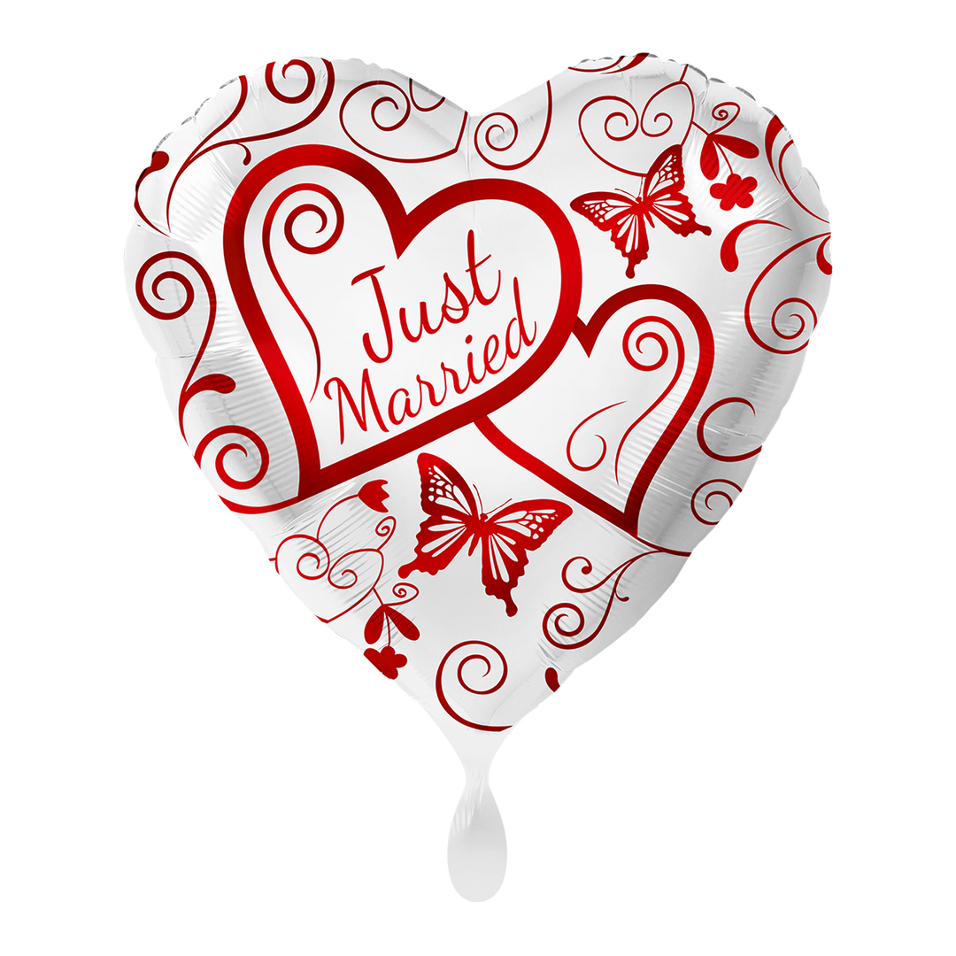 Herz-Folienballon „Just Married“ in Rot-Weiß mit Schmetterlingen, ca. 43 cm – erhältlich bei HeyBalloon Viersen