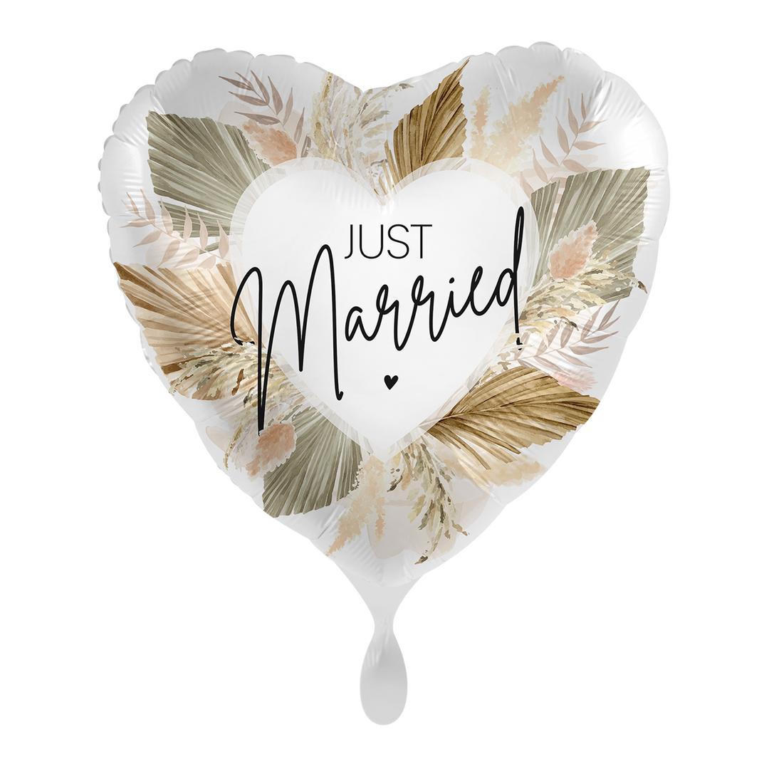 Hochzeitsballon Herz „Just Married“ – Folienballon 43 cm mit Blätter-Design in Gold und Grün bei HeyBalloon Viersen nahe Mönchengladbach, Krefeld, Düsseldorf