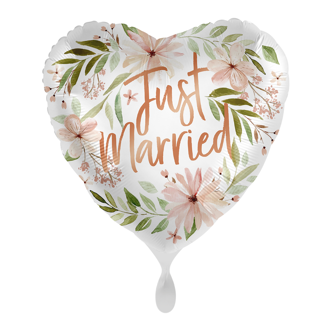 Herz-Folienballon „Just Married“ in Weiß mit floralem Design, ca. 43 cm – romantischer Hochzeitsballon von HeyBalloon Viersen

