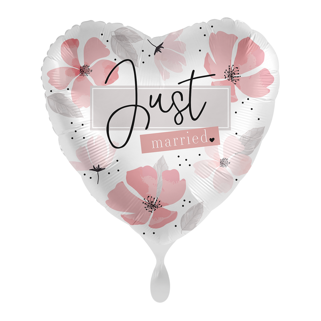 Hochzeitsballon Herz „Just Married“ mit rosa Blüten – romantischer Folienballon 43 cm für Hochzeit, Tischdeko oder Geschenk