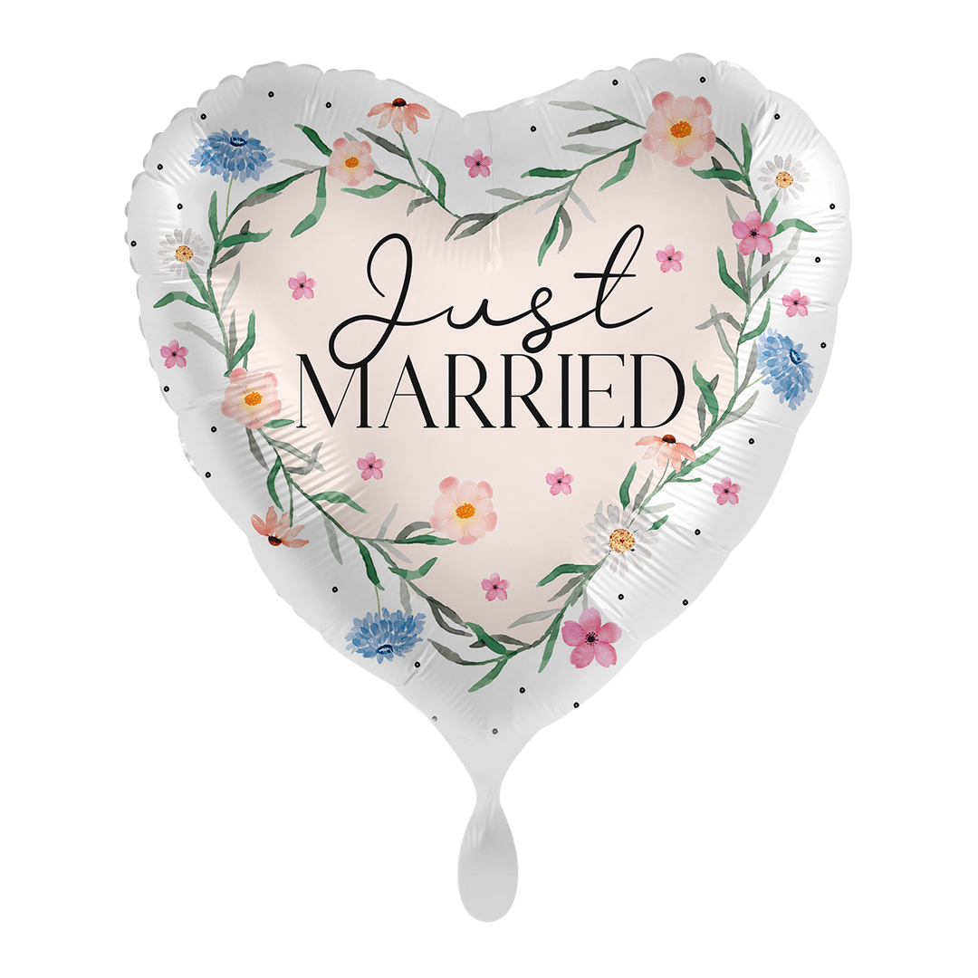 Hochzeitsballon Herz „Just Married“ – Folienballon 43 cm mit bunten Blumenranken bei HeyBalloon Viersen nahe Mönchengladbach, Krefeld, Düsseldorf