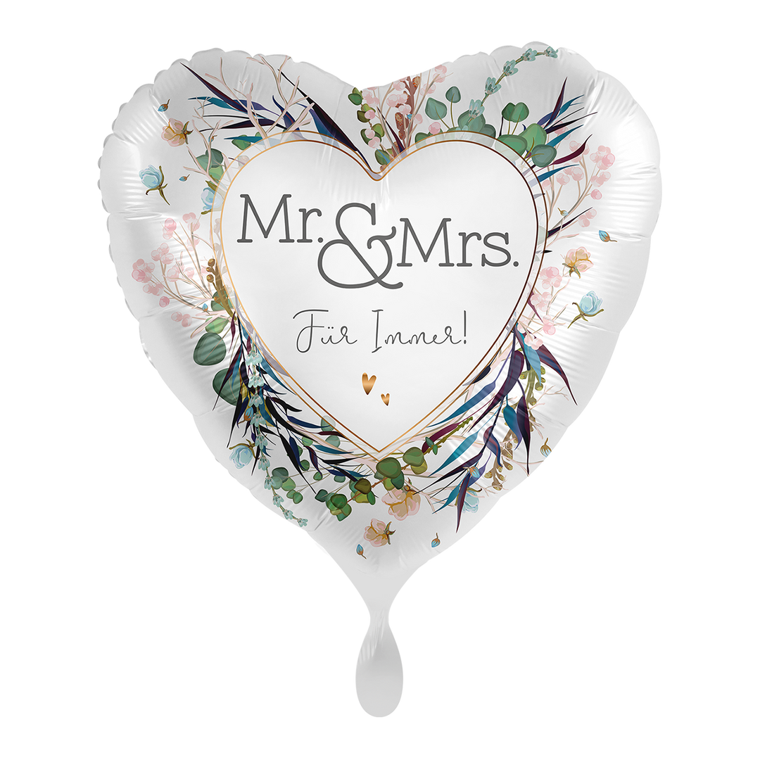 Hochzeitsballon Herz „Mr. & Mrs. – Für immer“ mit floralem Design, Folienballon 43 cm bei HeyBalloon Viersen nahe Mönchengladbach, Krefeld, Düsseldorf