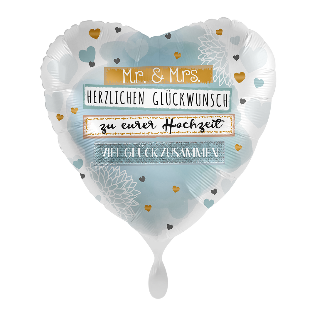 Herzballon „Mr. & Mrs.“ mit Glückwunsch zur Hochzeit, ca. 43 cm – romantische Hochzeitsdeko & Geschenkballon, erhältlich bei HeyBalloon Viersen.