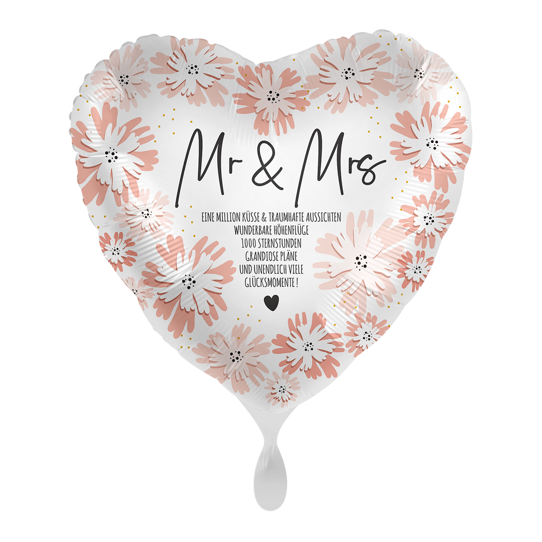 Hochzeitsballon Herz „Mr. & Mrs.“ – Folienballon 45 cm mit romantischem Blumendesign bei HeyBalloon Viersen nahe Mönchengladbach, Krefeld, Düsseldorf