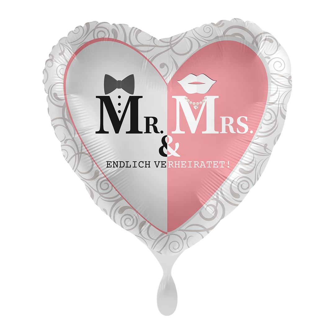 Herz-Folienballon „Mr & Mrs – Endlich verheiratet!“ in romantischem Design, ca. 43 cm, perfekt für Hochzeit & Feierlichkeiten – erhältlich bei HeyBalloon Viersen.