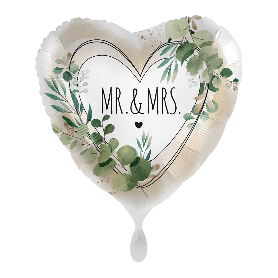 Hochzeitsballon Herz „Mr & Mrs“ mit Eukalyptus-Design – romantischer Folienballon 43 cm für Hochzeit, Jubiläum oder als Geschenk