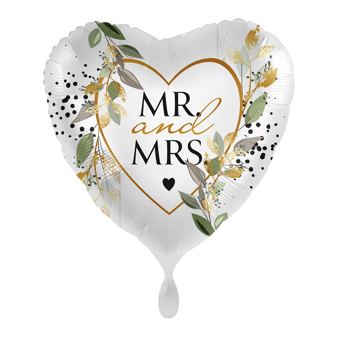 Herz-Folienballon „Mr and Mrs“ in romantischem Design, ca. 43 cm, perfekt für Hochzeit & Feierlichkeiten – erhältlich bei HeyBalloon Viersen.