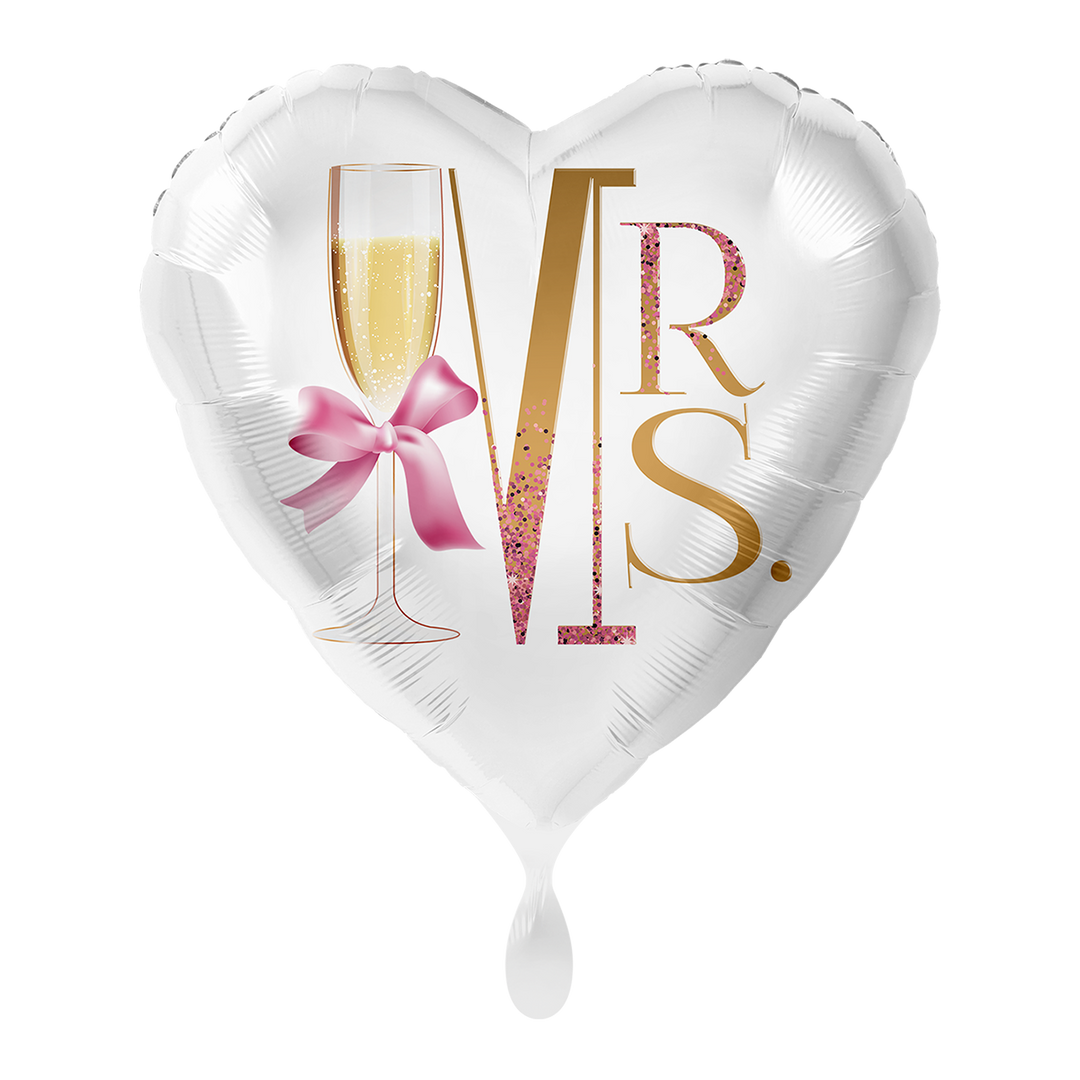 Hochzeitsballon Herz „Mrs.“ – eleganter Folienballon 43 cm in Weiß mit Champagnerglas und rosa Schleife bei HeyBalloon Viersen nahe Mönchengladbach, Krefeld, Düsseldorf